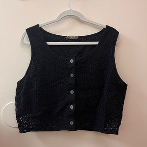 Everlane Black Cropped Eyelet Vest Button Up Tank Top, 16/XL No Stretch